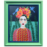 "Frida Headdress" Chromatic Hand Painted Embellished Giclee Portrait Canvas Wall Art with Baroque Frame